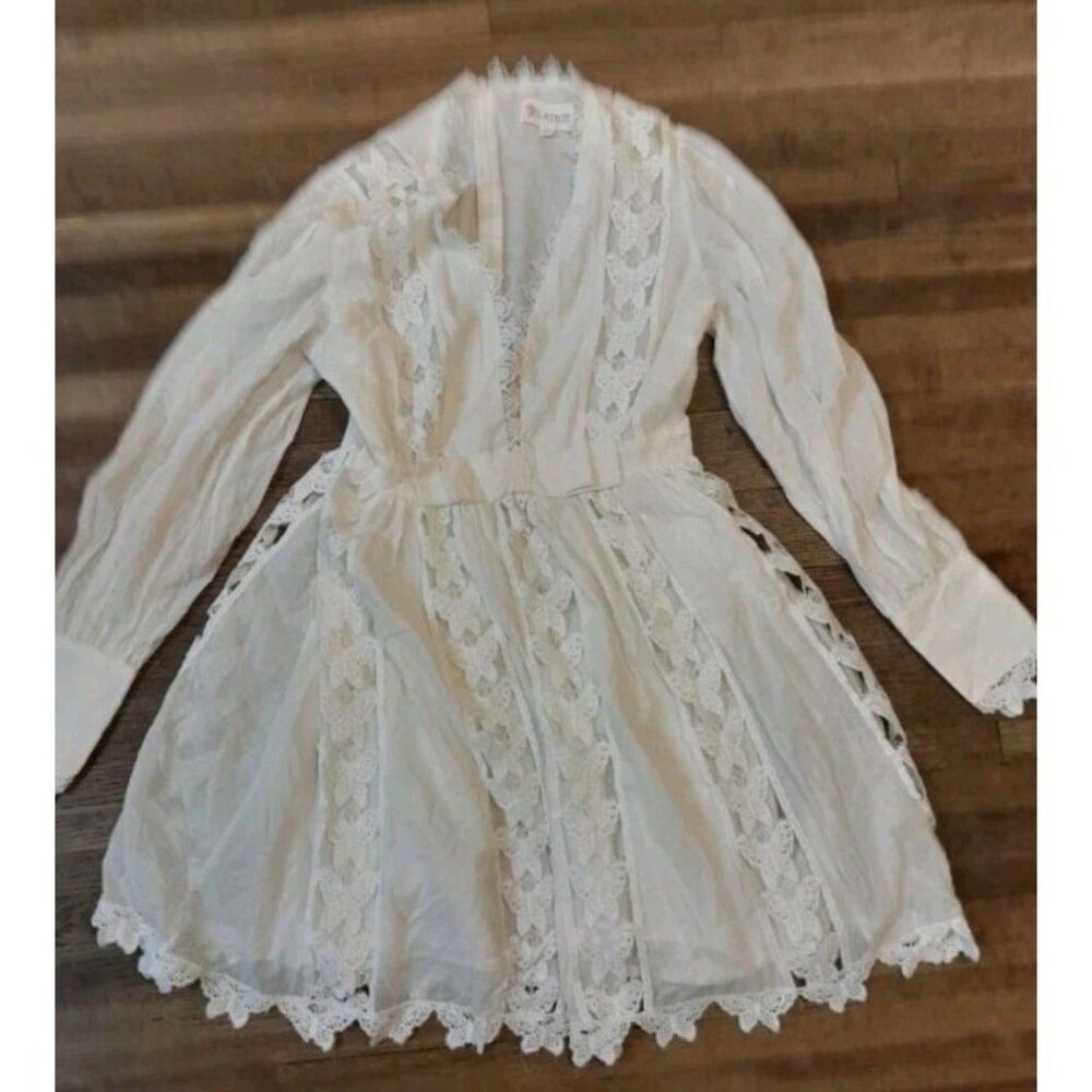 L'atiste By Amy Babydoll Mini Dress Lace Deep V Neckline Size Medium White - Picture 5 of 14